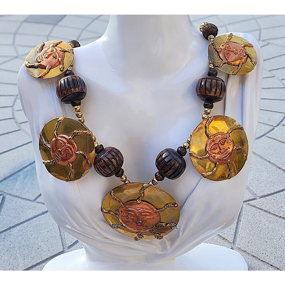 Artisan Contrast Brass Sun Disc Wood Bead Welded Boho Necklace Vintage